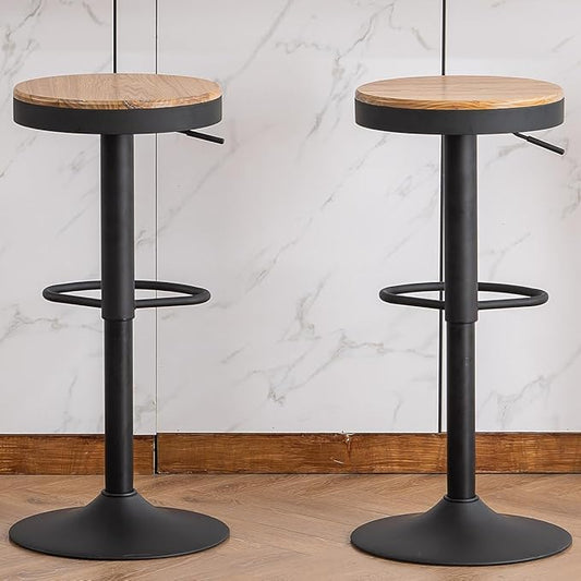 Kidol & Shellder Black Bar Stools Set of 2 Adjustable Swivel Backless Barstools Modern Round Wooden Seat Counter Height Bar Chairs Armless for Kitchen Island, Cafe, Dining Room