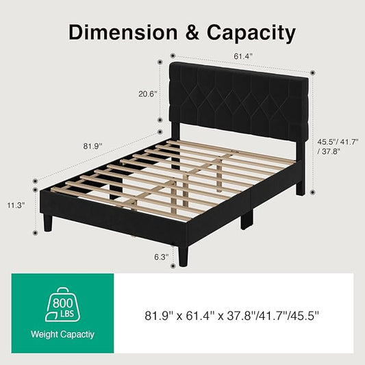 Novilla Queen Bed Frame with Headboard, Bed Frame Queen Size with Wood Slats Support, Velvet Upholstered Pull-Point Headboard, No Box Spring Needed, Heavy Duty Feet, Easy Assembly, Black Velvet