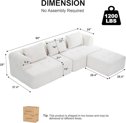 95" Modern Cloud Sectional Sofa Couch, Modular L-Shaped Sofas with Deep Seat and Chaise Ottoman, Chenille Boneless Tufted Couches for Living Room, No Assembly Required, Ivory
