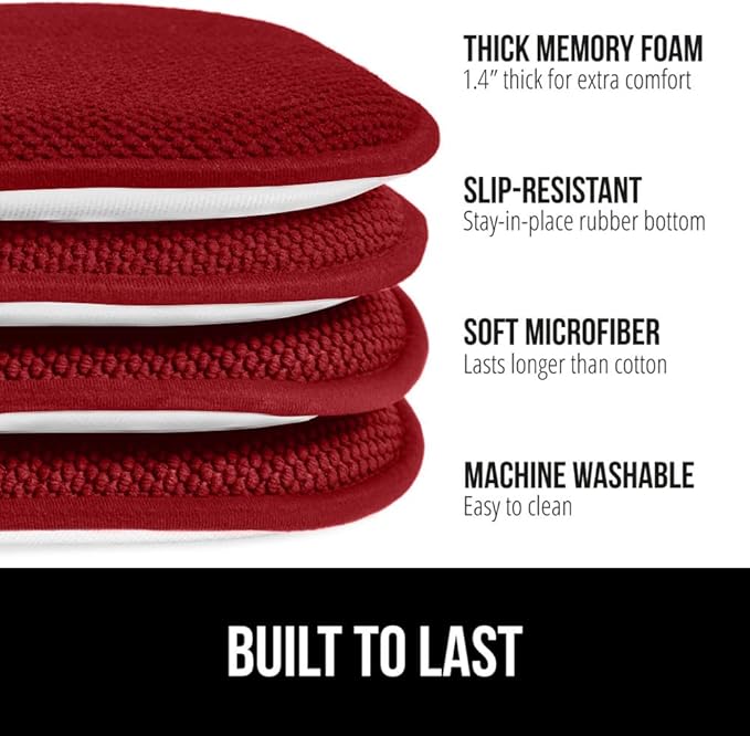 GORILLA GRIP Slip Resistant Chair Cushions, No Ties Required, Set of 6 Memory Foam Pads for Dining Room, Kitchen Table, Office, Rocking Chairs, Plush Seat Cover Cushion Pad, Home Decor, 16x16, Red