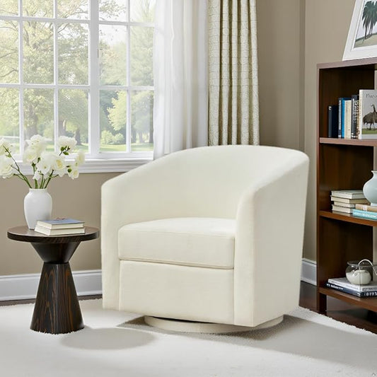 Chenille Swivel Accent Chair, Living Room Chairs, No Assembly Upholstered Armchair, 360°Rotating Barrel Chair for Bedroom, Apartment & Reading Nook (1, Cream White)