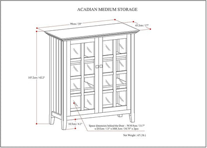 SIMPLIHOME Acadian Storage Cabinet - 39 inch Wide Solid Wood 4-Shelf Display Cabinet in Natural Aged Brown, Transitional Cupboard for Living Room or Dining Room with Glass Doors and Adjustable Shelves