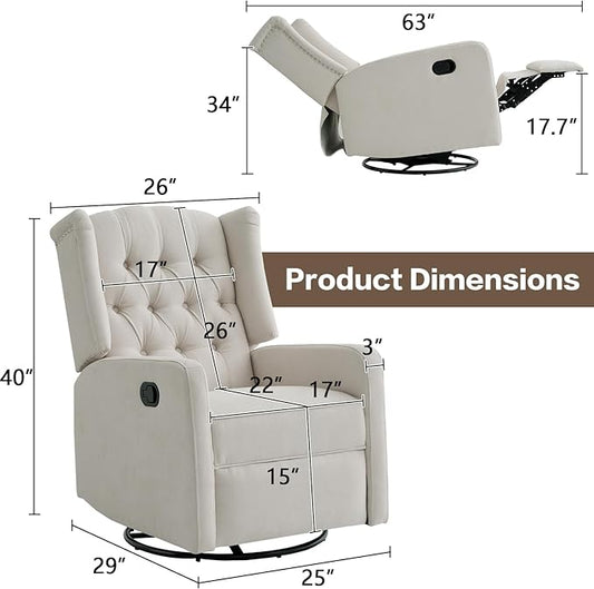 ABAKAN Swivel Rocker Recliner Chair, 360 Degree Nursery Rocking Recliner, Linen Glider Chair with Button Tufted Wingback Chair, for Living Room, Bedroom, Ivory