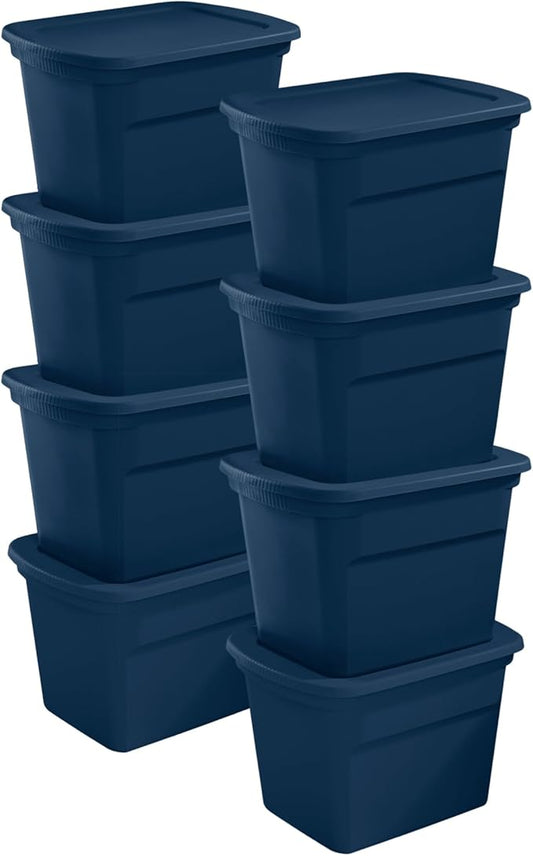 Sterilite 8-Pack Storage Tote, Plastic Container Bins with Lids, 18 Gallon, Marine Blue - Heavy-Duty Organizing Containers for Closet, Bathroom, and Office