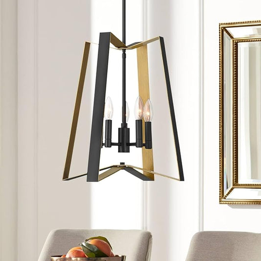 Possini Euro Design Clara 16" Modern Pendant Chandelier Ceiling Light Fixture Dining Room Over Table Kitchen Island Foyer Hanging 4-Light Black Gold Finish Hallway Entryway Living Room Indoor Office