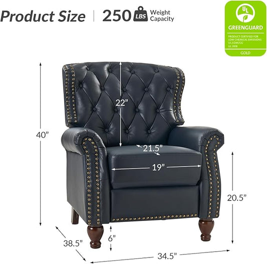 HULALA HOME Genuine Leather Recliner Chair with Solid Wood Feet, Modern Adjustable Tufted Push Back Arm Chair w/Rivet Decoration, Home Theater Seating Single Reclining Sofa for Living Room, Navy