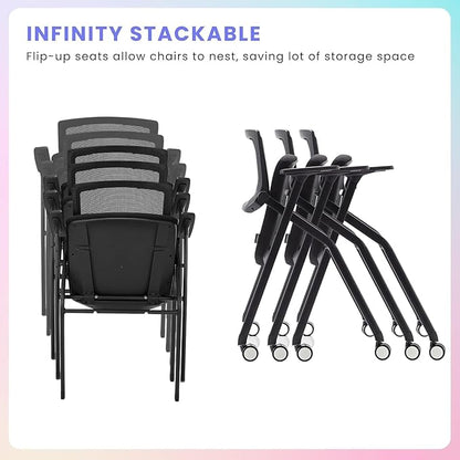 Conference Room Chairs with Wheels and Paddle, Ergonomic Mesh Back and Arms for Meeting, Conference, Reception, Training Room & Home Office Desk Folding Chairs 8 Pack