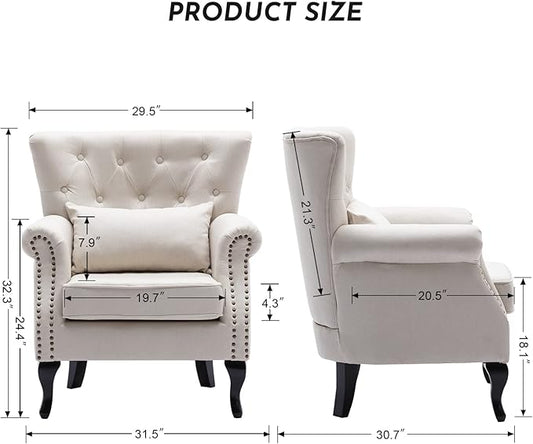 Accent Reading Arm Chairs for Living Room Bedroom, Midcentury Modern Comfy Corner Sofa Chair, Wingback Waiting Room Club Chair with Button Tufted Back &Lumbar Pillow, Linen Beige