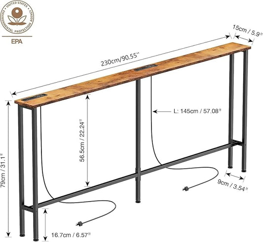 90" Narrow Sofa Table - 2 Power Outlets & 4 USB Ports, Metal Frame,Perfect for Hallway, Office, and Behind Sofa - Easy Assembly, 4.9ft Extension Cord Included Rustic Brown