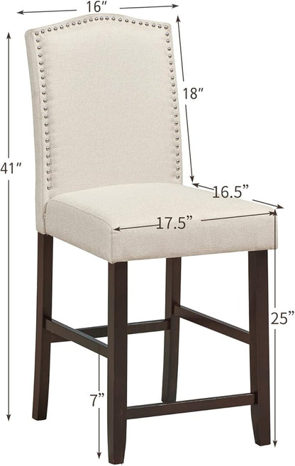 COSTWAY Bar Stools Set of 4, 25'' Upholstered Counter Height Bar Stools with S-Shaped Spring Thick Cushion, Rubber Wood Legs, High Back Leisure Chairs for Living, Kitchen, Dining Room (Beige, 4)