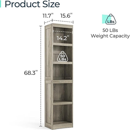 LINSY HOME 5-Shelf Bookcase, Narrow Bookshelves Floor Standing Display Storage Shelves 68 in Tall Bookcase Home Decor Furniture for Home Office, Living Room, Bed Room - Light Brown