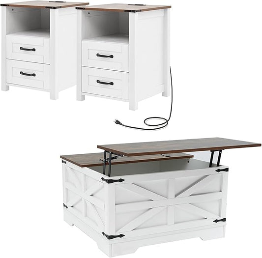 Farmhouse Coffee Table Set of 3, Lift Top Coffee Table with Sliding Barn Doors and Nightstands Set of 2 with Charging Station, Living Room Table Set for Home Office, White