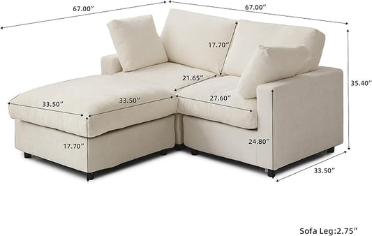 WJShome Cloud Couch Modular Sectional Sofa,67" L Shaped Couch, Convertible Wide Seater, 2 Seater+Ottoman for Living Room Set,Covers Washable&Replaceable,Beige