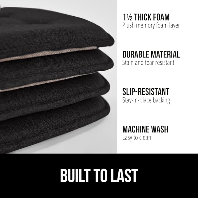 GORILLA GRIP Slip Resistant Tufted Chair Cushions, No Ties Required, Set of 6 Memory Foam Pads for Dining Room Kitchen Table, Office, Rocking Chairs, Plush Seat Cushion Pad, Home Decor, 16x17, Black