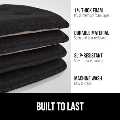 GORILLA GRIP Slip Resistant Tufted Chair Cushions, No Ties Required, Memory Foam Pads for Dining Room Kitchen Table, Office, Rocking Chairs, Plush Seat Cushion Pad, Home Decor, Set of 4, 16x17, Black