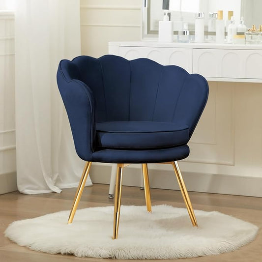 Velvet Vanity Chair with Back, Mid-Century Modern Small Accent Chair for Living Room, Golden Metal Legs Upholstered Makeup Chair, 1Pcs Bedroom Armchair, Dark Blue