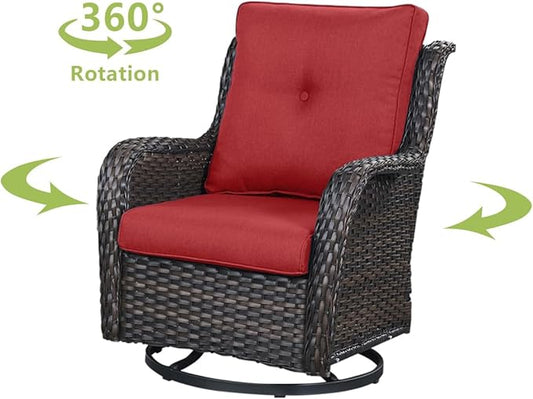 HUMMUH 3-Piece Swivel Rocking Rattan Chair Outdoor, Patio Bistro Furniture Conversation Set, Cushioned Wicker Chair with Glass Coffee Table