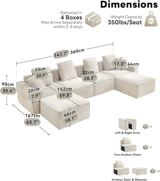 WILLOVE 141'' Modular Sectional Sofa, Chenille Cloud Couch with Wide Armrests & 6 Pillows, Deep Seat Couches for Living Room, Beige
