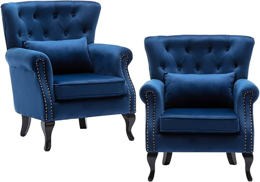 chairus Mid-Century Modern Accent Chairs Set of 2 Comfy Tufted Single Sofa Chair Wingback Armchair with Pillow for Club, Living Room, Bedroom - Velvet, Blue