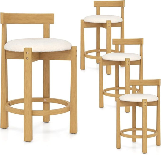 COSTWAY 24'' Counter Height Bar Stools Set of 4, Teddy Velvet Upholstered Bar Chairs with Backrests and Footrests, Wood High Barstools for Kitchen Island and Dining Room (Natural)