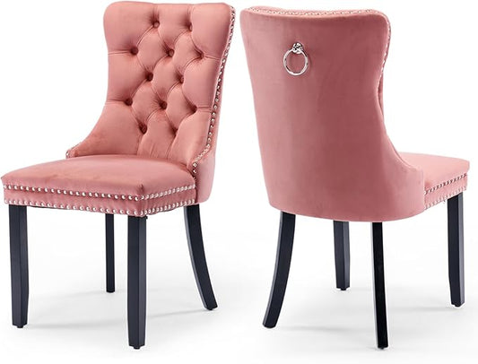 Velvet Upholstered Dining Chairs Set of 2, Modern Style Kitchen Side Chairs with Nailhead Trim and Wood Legs,Metal Pulling Ring for Dining Room Living Room(Pink,Set of 2)