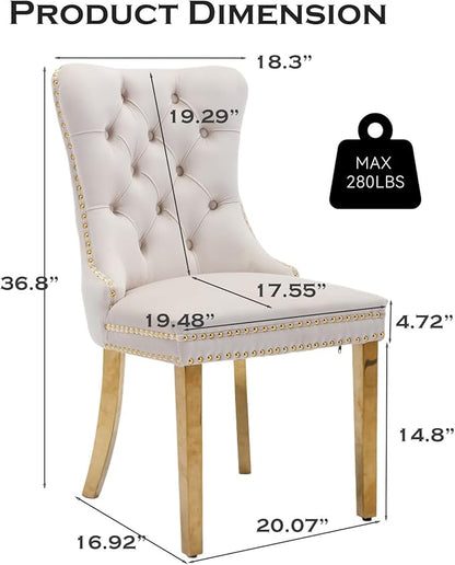 Velvet Upholstered Dining Chairs Set of 8, Modern Style Kitchen Side Chairs with Nailhead Trim and Gold Plated Leg, Metal Pulling Ring for Dining Room Living Room(Beige)