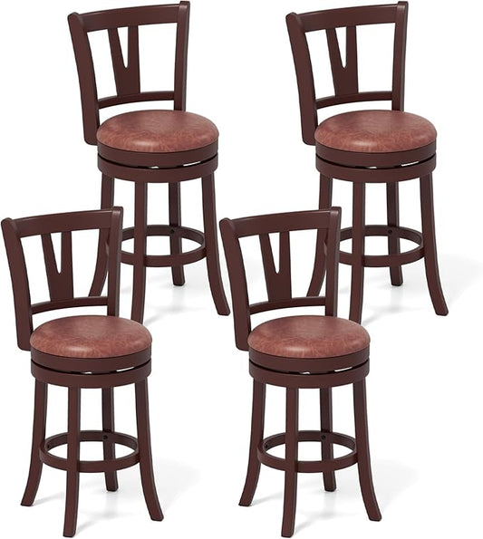 COSTWAY Barstools Set of 4, Faux Leather Upholstered Bar Stools with High Backs and Footrests, Armless Kitchen Island Dining Chairs with Solid Wood Legs, Cappuccino (4, 26'' Seat Height)