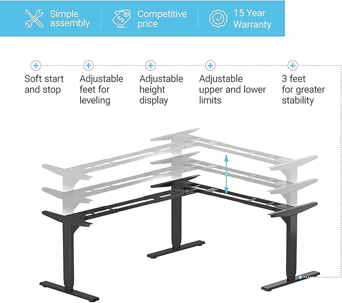 Progressive Automations Standing Desk Corner Frame. Adjustable Height and Width Legs with Triple Electric Motors for Home Office L Shaped Desk FLT-05 Black