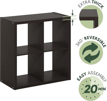 Furinno CUBICLE Book Shelf, 4-Cube Bookself, Thick Frame Bookcase with Reversible Open Back, 14.6 x 30 x 30, for Living Room, Bedroom, Home Office, Black Dark Oak