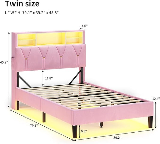 Twin Bed Frames with Storage Headboard,Power Outlet, LED Lights,Velvet Upholstered Platform Bed Twin for Kids, Pink Bed Frame with 5 Storage Shelves for Girls, No Box Spring Needed, Pink
