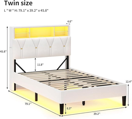Twin Bed Frames with Storage Headboard, Power Outlet, Velvet Upholstered Platform Bed for Kids, LED Bed Frame Twin with 5 Storage Shelves, No Box Spring Needed, Creamy White