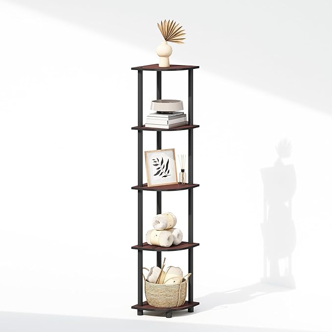 Furinno Turn-N-Tube Corner Shelf, 5-Tier Corner Bookshelf, Open Storage Shelves, for Organization and Storage, Living Room, Home Office, Garage, Bedroom, Dark Cherry