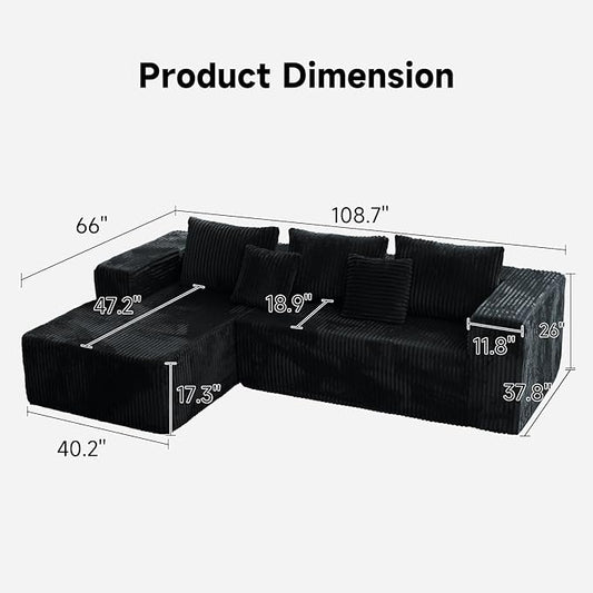 Upgrade 108’’ L Shape Cloud Couch, Plush Corduroy Sectional Sofa with Chaise, Boneless Couches for Living Room Bedroom, No Assembly Required (Black, Left Facing Chaise)