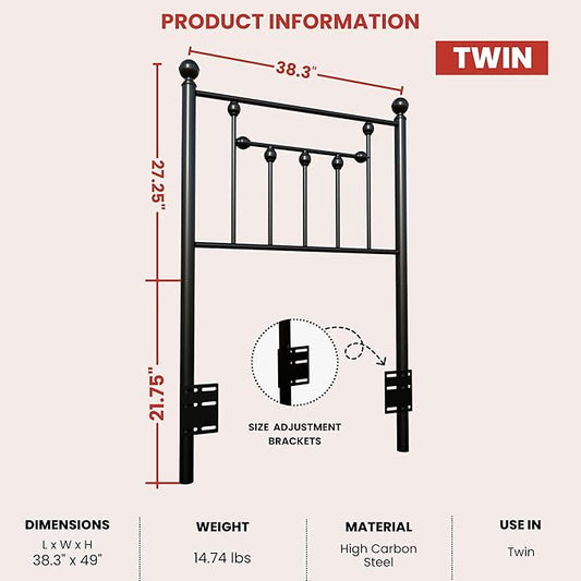 Victorian Twin Size Metal Bed Frame Height Adjustable Headboard Only, Wrought Iron Black Farmhouse Bed Frame Headboard, Easy Assembly, Short Clearance, Tall or Low Setting