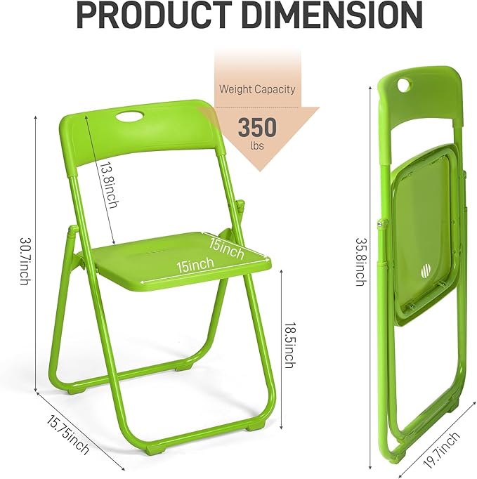 Karl home 4 Pcs Folding Chair, 300LBS Lightweight Foldable Plastic Chair, Reinforced Metal Frame Easy to Fold & Store for Indoor & Outdoor, Wedding, Party, Meeting Room, Patio and Garden, Green