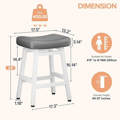 Counter Height Bar Stools Set of 3, 24 Inch Barstools for Kitchen Counter, Kitchen Stools with Bonded Leather Saddle Seats & Heavy Duty Metal Legs, Easy Assembly, Gray/White