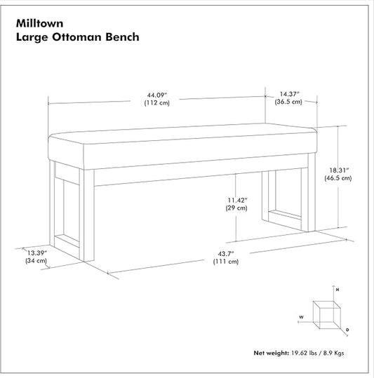 SIMPLIHOME Milltown Large Ottoman Bench - 44 inch Wide Upholstered Solid Wood Rectangular Ottoman Bench in Parisian Grey, Contemporary Entryway or Bedroom Bench with Cushioned Seat and Narrow Profile