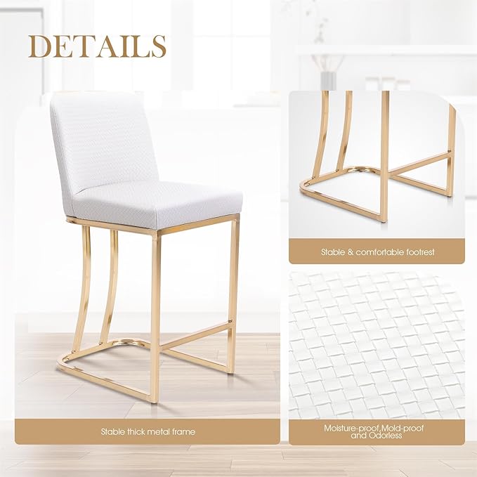 Sophia & William Bar Stools Set of 4, Counter Height Creamy White & Gold Bar Stools with Back, 24 Inch