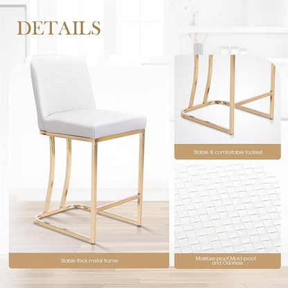 Sophia & William Creamy White & Gold Counter Height 2 Bar Stools Set - Farmhouse Style with Back, Modern Faux Leather Upholstered