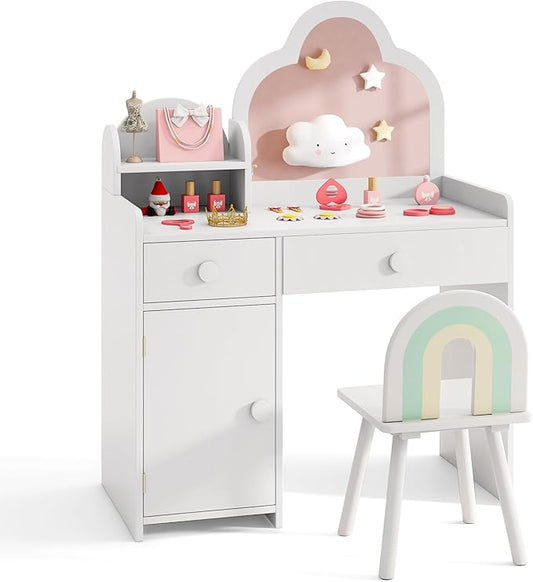 Costzon Kids Vanity, 2 in 1 Girls Vanity Set with Mirror, Drawers, Storage Shelf & Cabinet, Makeup Vanity Desk Dressing Table, Kids Vanity Table and Chair Set for Little Girls (White)