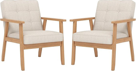 KCC Mid-Century Modern Linen Fabric Accent Chair Set of 2, Upholstered Tufted Leisure Chair Comfy Reading Side Chair with Armrest and Solid Wood Frame for Living Room Bedroom Balcony(Beige)