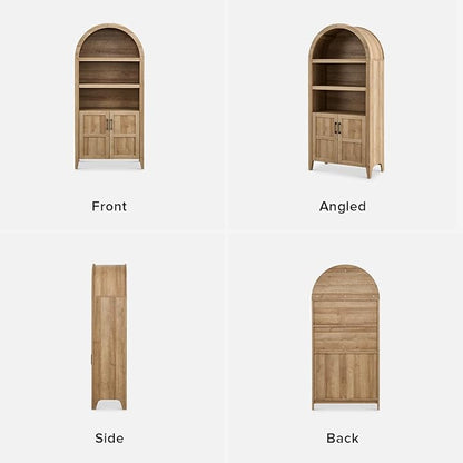 mopio Lauren 65.4" Short Arched Cabinet, 5-Tier Arched Bookcase with Doors and Shelves, Mini Arch Bookshelf with Storage, Wooden Storage Cabinet for Living Room and Kitchen Pantry (Oak)