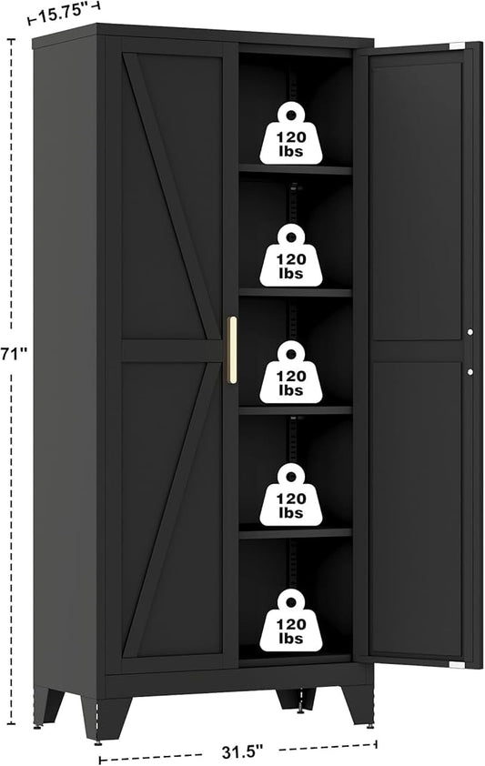 Large Metal Kitchen Pantry Storage Cabinet with Adjustable Shelves - Freestanding Kitchen Storage Cabinet for Dining Room,Livingroom Bathroom, Hallway, Workshop, Office (Black, 71"- 0 drawer)