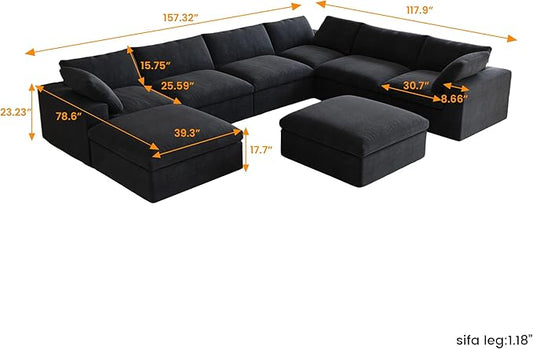 Cloud Couch Modular Sectional Sofa with Storage Ottomans,Oversized Down Filled 8 Seater Convertible Sectional Sofas, Black Wide Deep Seat Couch for Living Room,Covers Washable&Replaceable