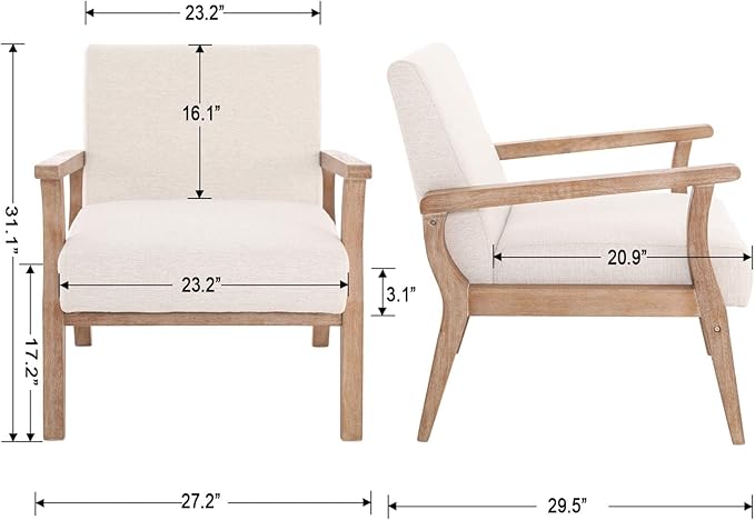 HNY Mid Century Armchair with Wood Frames, Linen Upholstered Living Room Arm Chair, for Living Room, Bedroom, Ivory