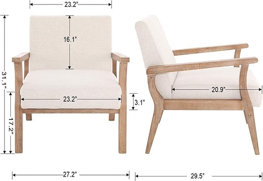 HNY Mid Century Modern Accent Chairs Set of 2 with Wood Frames, Linen Upholstered Living Room Arm Chairs for Living Room, Bedroom, Ivory