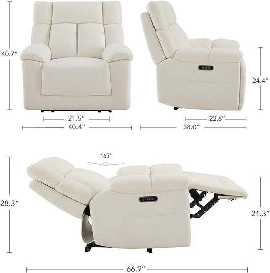 CHITA Oversized Power Recliner Chair with Bluetooth Speakers for Adults, Lay Flat Recliner with Power Lumbar Support, Manual Winged Headrest and USB & Type-C Charging Ports, Cream