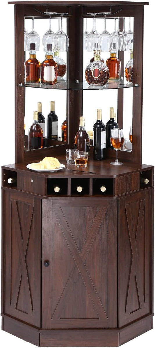 VEVOR Corner Industrial Bar Cabinet, Wine Table for Liquor & Glasses, Sideboard Buffet Cabinet with Glass Holder, Freestanding Farmhouse Wood Coffee Bar Cabinet for Living Room, Home Bar, Black Walnut