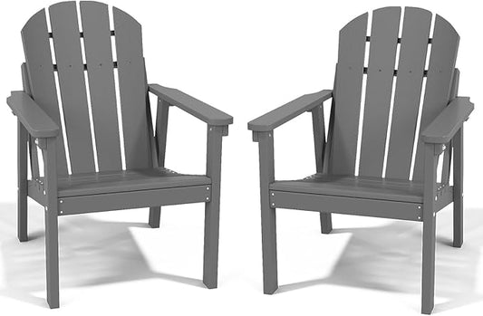 Adirondack Chair Set of 2, All Weather HDPE Fire Pit Chairs, Oversized Plastic Adirondack Chair for Outdoor, Balcony, Deck, Backyard, Patio, Garden, Poolside, Lawn Grey