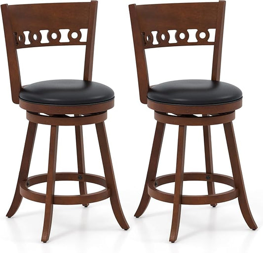 COSTWAY Bar Stools Set of 2, 24.5” Counter Height Bar stools with Solid Wood Legs, Cushioned Seat, Footrest, for Home, Kitchen Island, Bar (2, 24.5'' Seat Height)